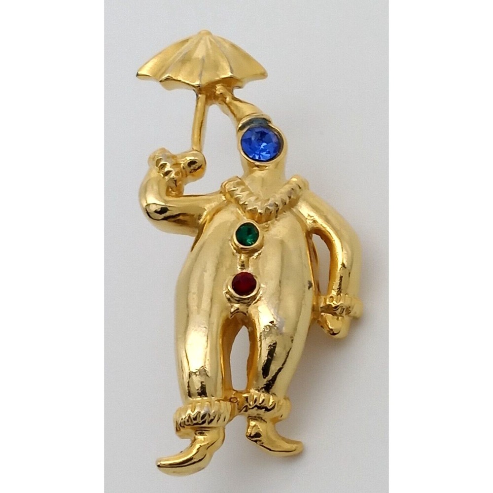 Clown Holding Umbrella Brooch Lapel Pin Rhinestones JJ Jonette Gold Tone Shiny!